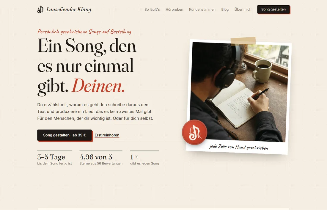 Echtes Projekt von Andreas Neß: Startseite von Lauschender Klang, persönlich geschriebene Songs auf Bestellung