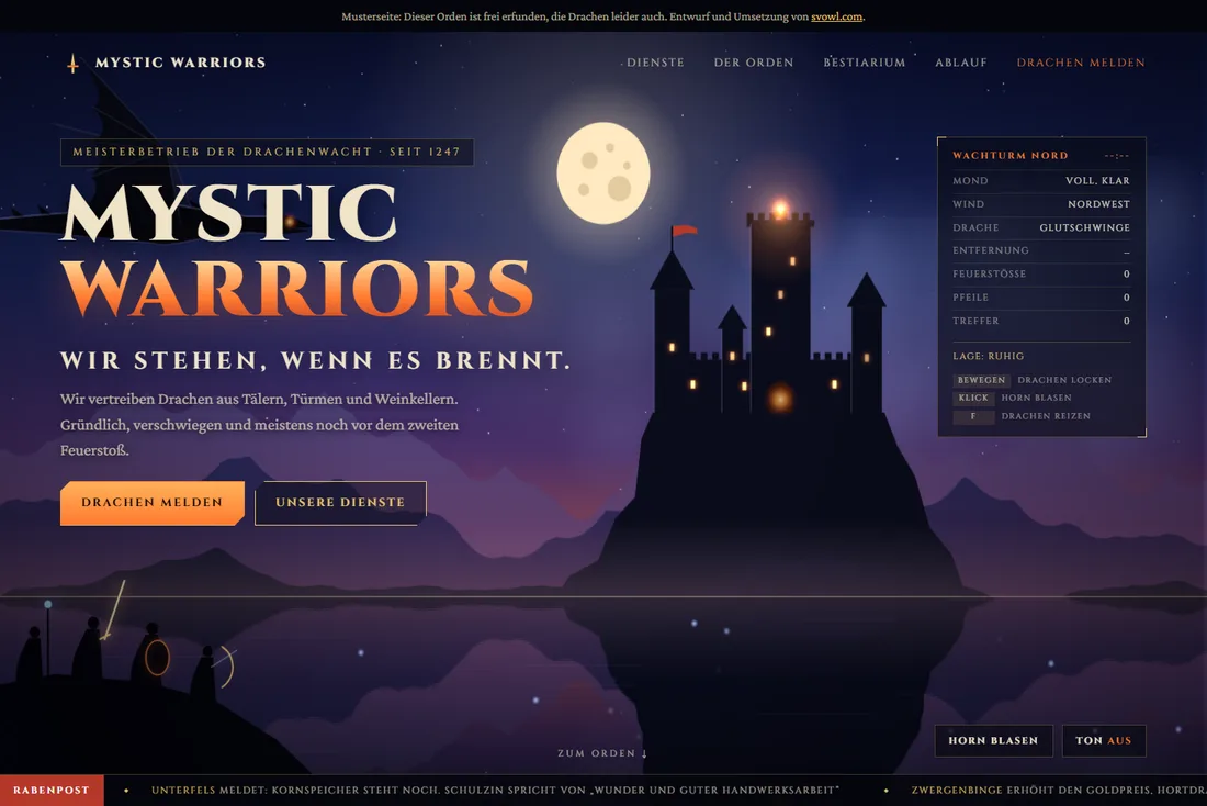 Website-Beispiel mit live gezeichneter Szene: Startseite der Musterseite Mystic Warriors mit Burg am See, Mond und Drache
